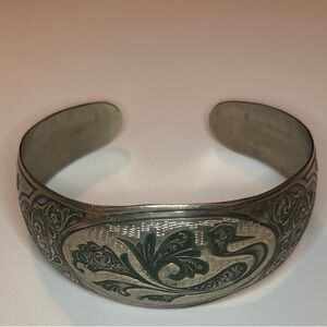Vintage Etched Crane Silver-Tone Cuff Bracelet